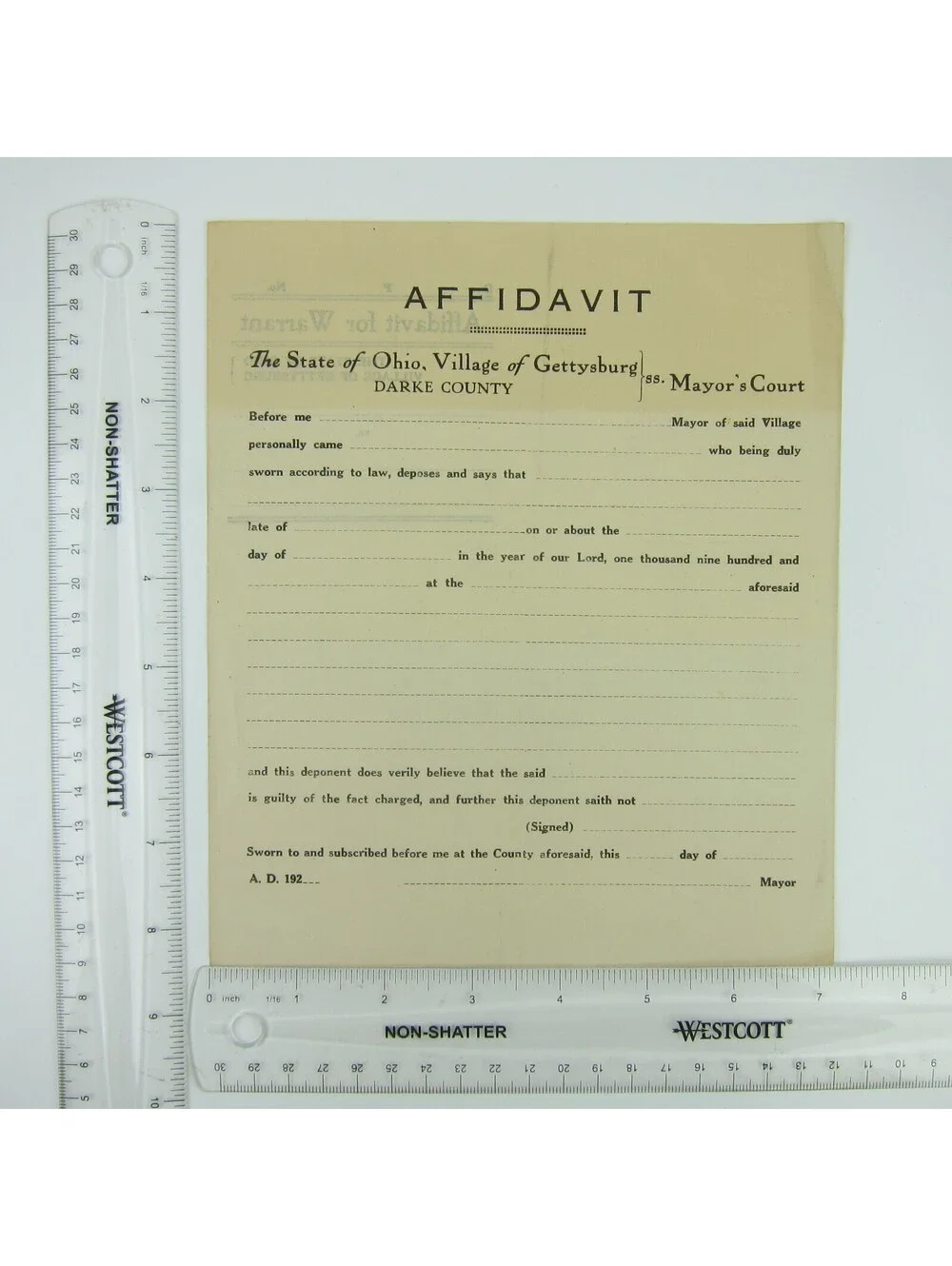 Antique 1920s Gettysburg Ohio Affidavit For Warrant Police Record Form Blank
